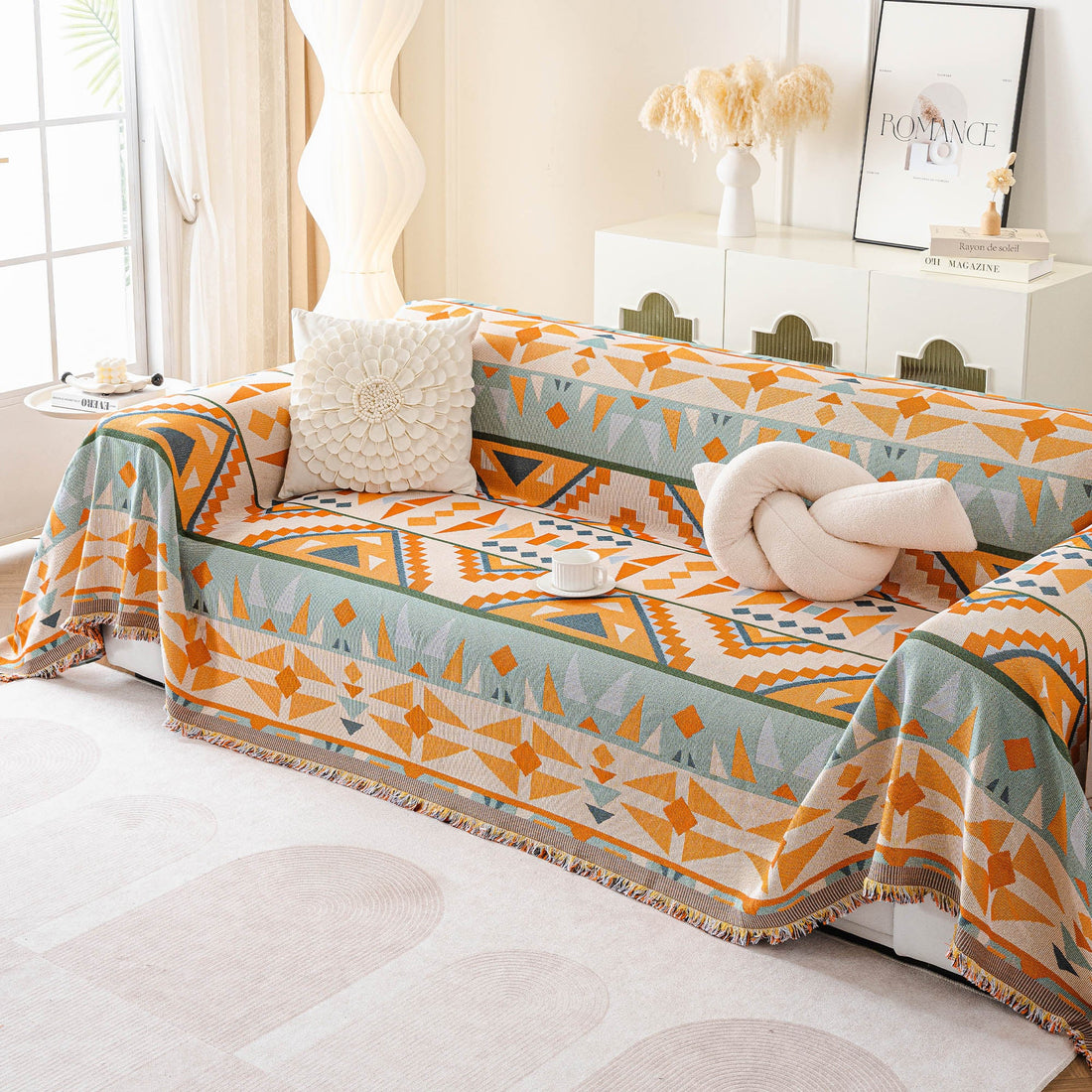 Tribal Sunset Pattern Geometric Chenille Couch Cover Soft Breathable Stylish Sofa Protection for an Easy-to-Clean Home Upgrade