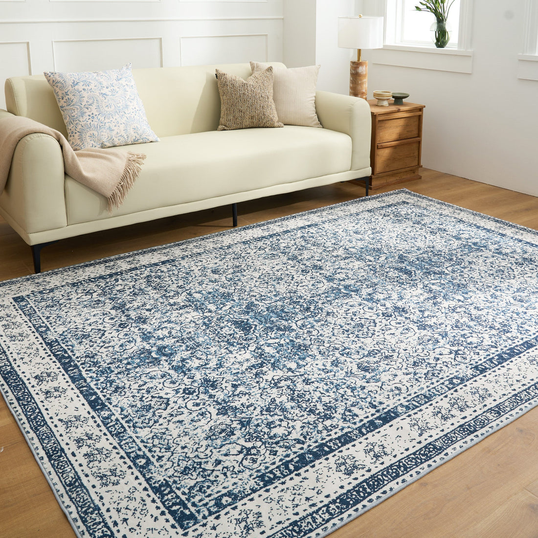Easy Clean Washable Rug Rustic Blue Persian Minimalist Design Durable Spillproof Pet-Friendly Non-Slip Pad Living Room Area Rug