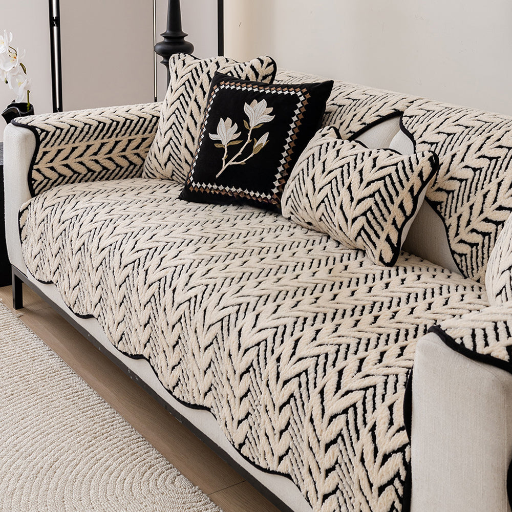 Retro Herringbone Plush Non-Slip Sofa Cover