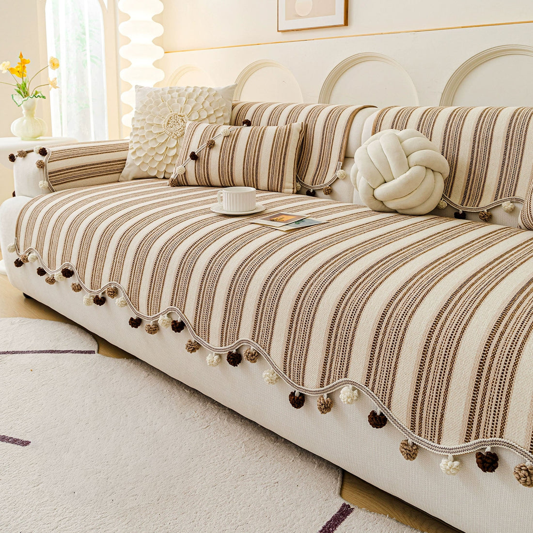 Chic Stripe Pom-Pom Non-Slip Sofa/Couch Cover