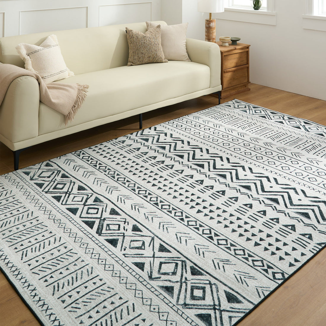 Easy Clean Washable Rug Modern Tribal Midnight Flow Design Durable Spillproof Pet-Friendly Non-Slip Pad Living Room Area Rug