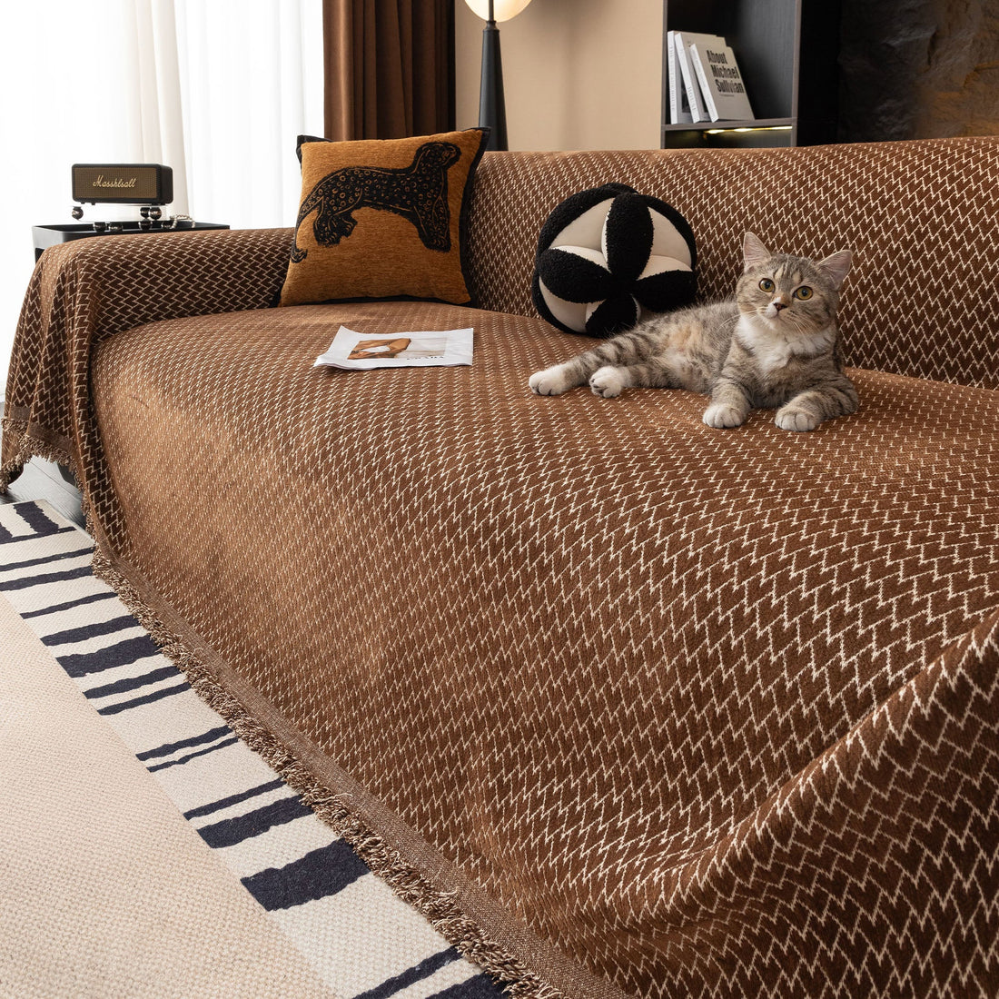 Urban Weave Pattern Plush Pet-Friendly Durable Sofa Cover – Premium Woven Machine Washable Minimalist Throw Couch Protection Multi-Use