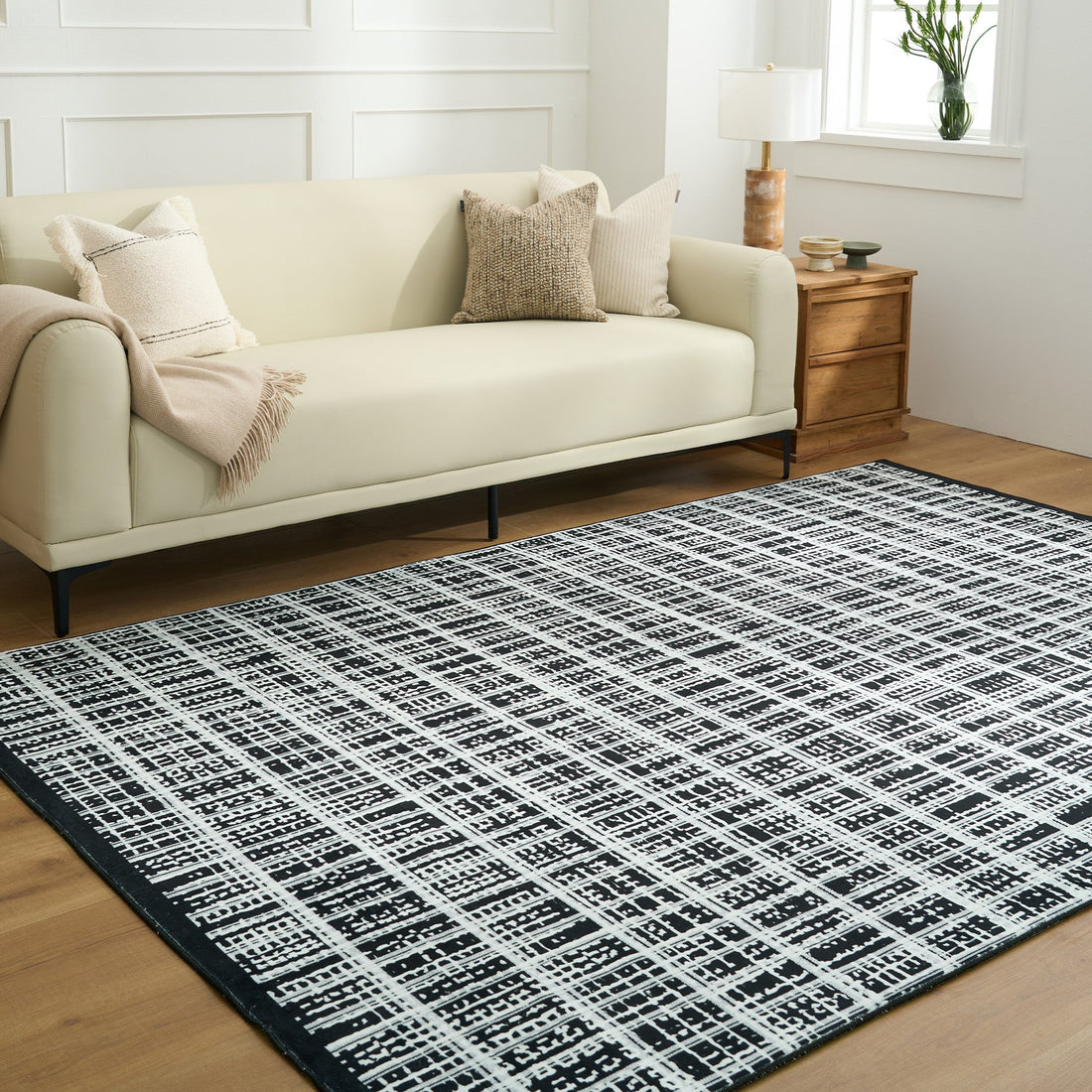 Easy Clean Washable Rug Urban Weave Monochrome Plaid Design Durable Spillproof Pet-Friendly Non-Slip Pad Living Room Area Rug