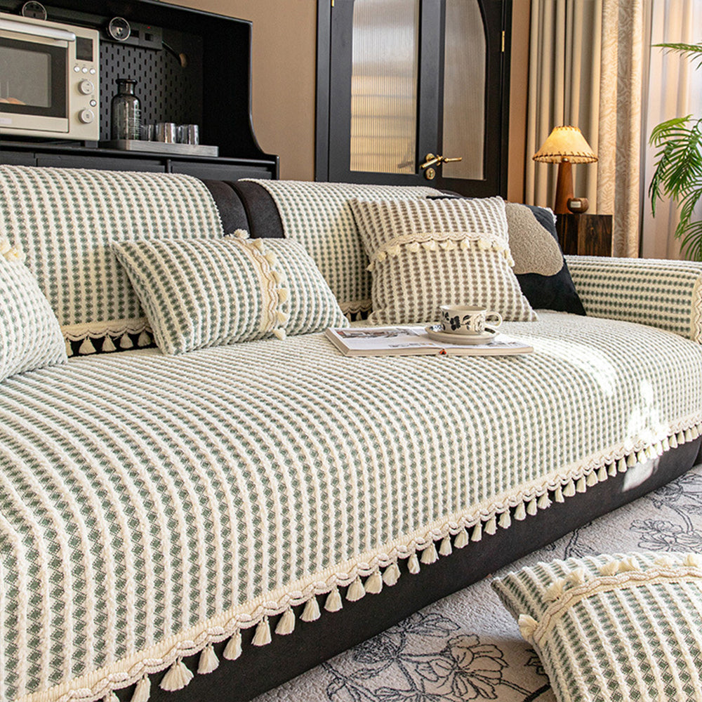 Refined Grid Tassel Chenille Nonslip Sofa/Couch Cover