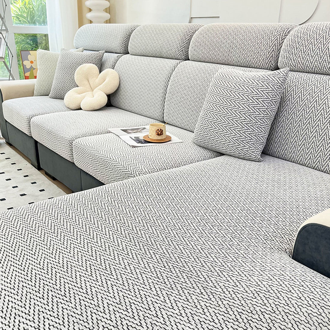 Elegant Chevron Jacquard All-Season Stretch Sofa Cover – Full Wrap, Anti-Slip & Anti-Scratch Protection