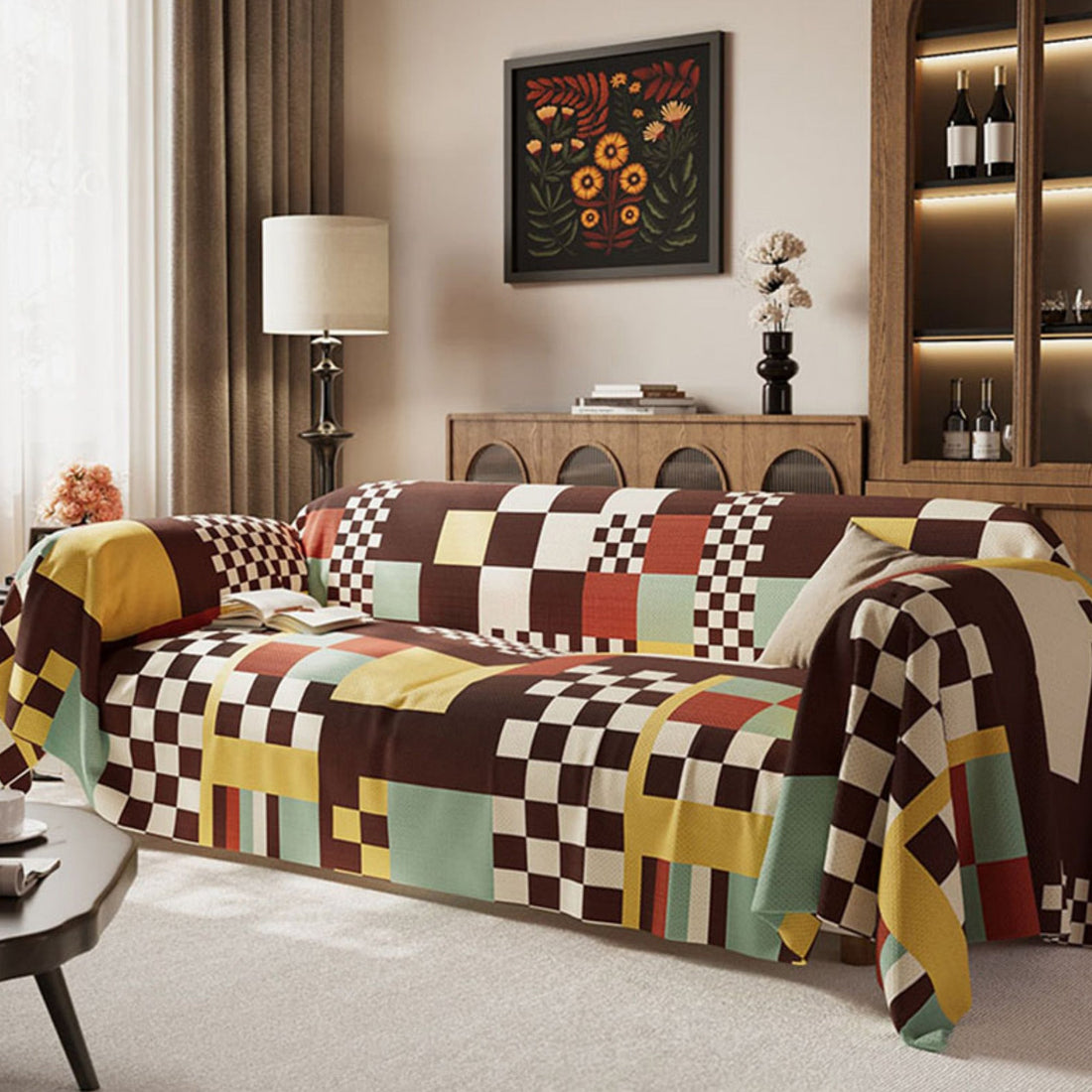 Retro Bold Patch Checkered Pattern Breathable Sofa Cover Soft Easy-to-Clean Couch Protection for a Home Upgrade