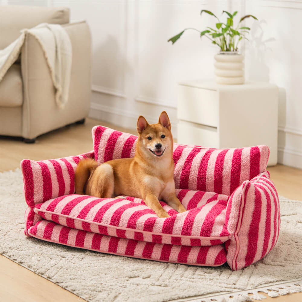 Striped Faux Lambswool Dog & Cat Sofa Bed with Double-Layer Comfort