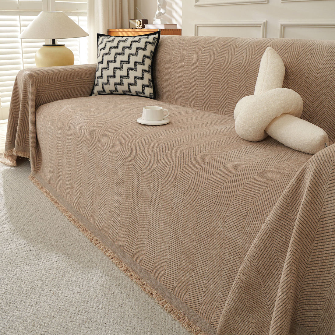 Soft Breathable Herringbone Pet-Friendly Multi-Purpose Minimalist Sofa Cover – Woven Throw Couch Protector