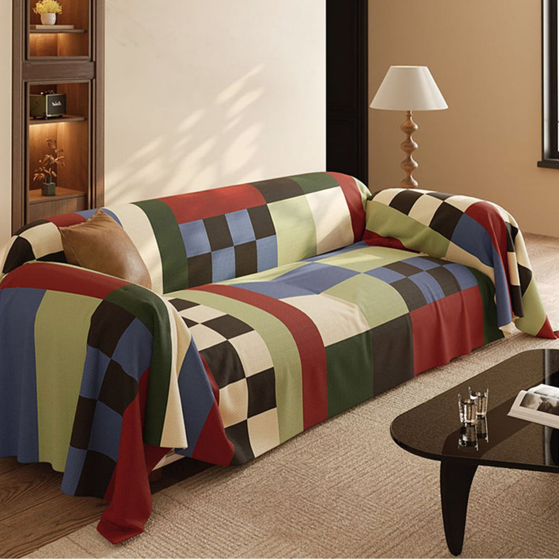 Retro Bold Block Pattern Breathable Sofa Cover Soft Easy-to-Clean Durable Machine Washable Couch Protection for a Home Upgrade