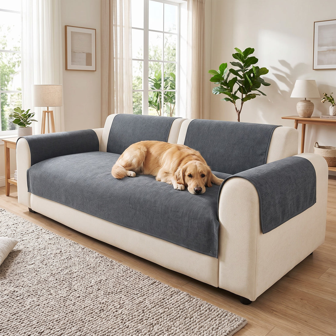 Spill-resistant chenille couch cover on a sofa with a golden retriever