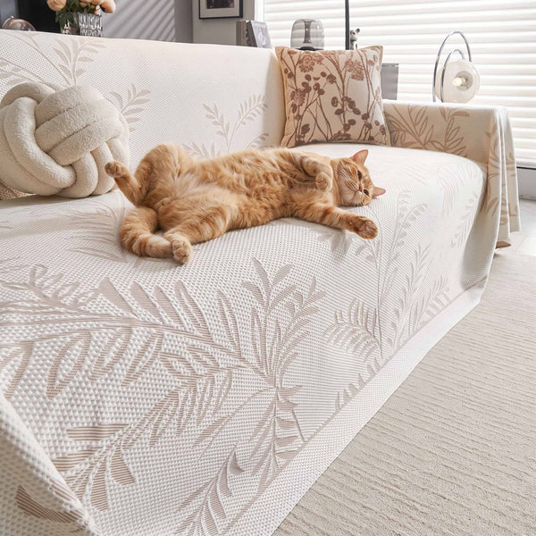 Cooling Soft Plush Fern Pet-Friendly Multi-Purpose Minimalist Vintage Sofa Cover – Floral Woven Throw Couch Protector Elegant Tones