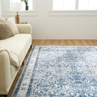 Easy Clean Washable Rug Rustic Blue Persian Minimalist Design Durable Spillproof Pet-Friendly Non-Slip Pad Living Room Area Rug