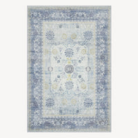 Easy Clean Washable Rug Traditional Calm Blue Floral Border Design Durable Spillproof Pet-Friendly Non-Slip Pad Living Room Area Rug