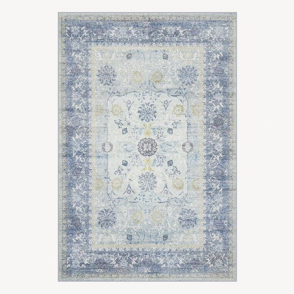 Easy Clean Washable Rug Traditional Calm Blue Floral Border Design Durable Spillproof Pet-Friendly Non-Slip Pad Living Room Area Rug