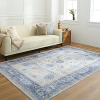 Easy Clean Washable Rug Traditional Calm Blue Floral Border Design Durable Spillproof Pet-Friendly Non-Slip Pad Living Room Area Rug