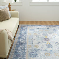 Easy Clean Washable Rug Traditional Calm Blue Floral Border Design Durable Spillproof Pet-Friendly Non-Slip Pad Living Room Area Rug