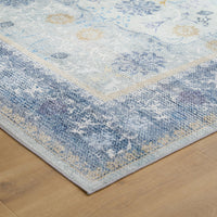 Easy Clean Washable Rug Traditional Calm Blue Floral Border Design Durable Spillproof Pet-Friendly Non-Slip Pad Living Room Area Rug