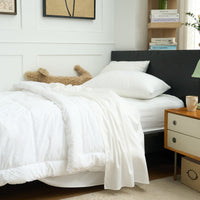 Back-to-School Snowy Calm Bedding Bundle Bamboo Sheet Set + White Aerogel Comforter