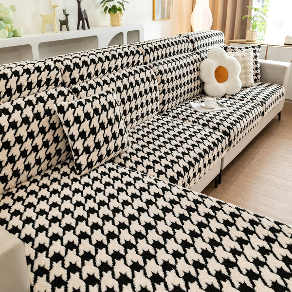 Classic Houndstooth Fleece Stretch Sofa Cover – Anti-Scratch, Full-Cover Pet Protector