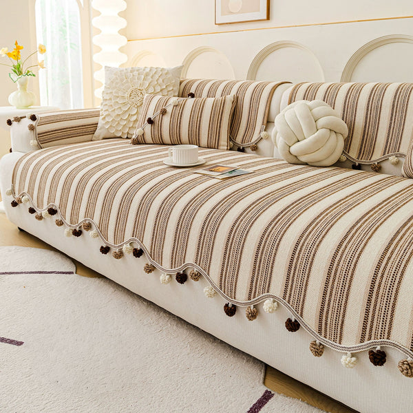 Chic Stripe Pom-Pom Non-Slip Sofa/Couch Cover