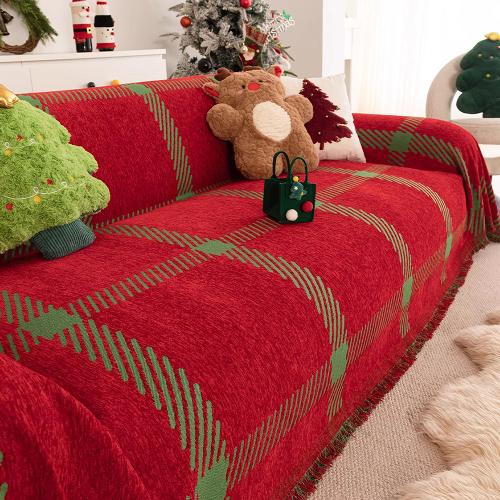 Festive Plaid Chenille Scratch-Resistant Sofa/Couch Cover