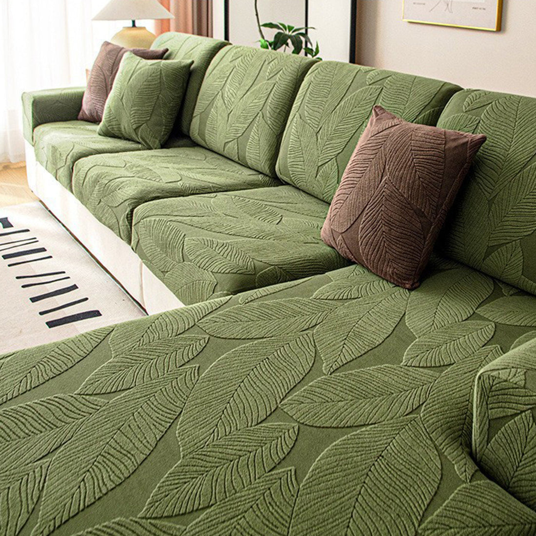 Modern Leaf Velvet Jacquard Stretch Sofa Cover – Spill-Resistant, Pet Friendly & Durable, Full Wrap Design