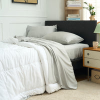 Back-to-School Snowy Calm Bedding Bundle Bamboo Sheet Set + White Aerogel Comforter