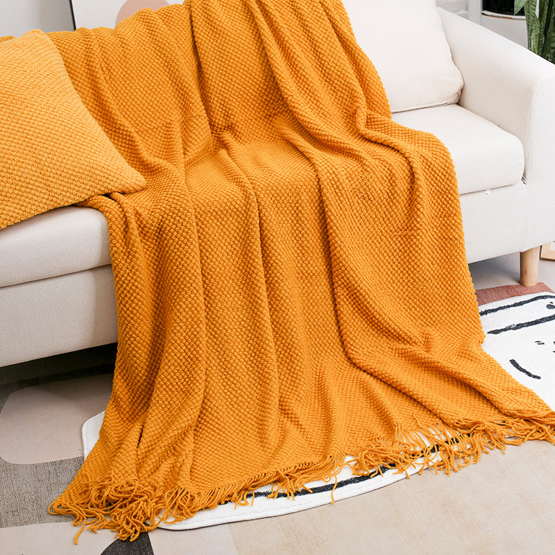 Waffle Knit Fringe Throw Blanket