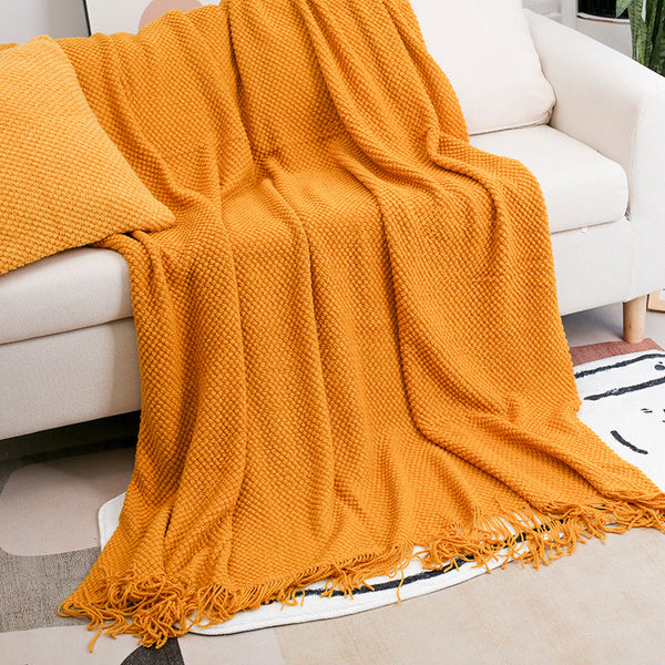 Waffle Knit Fringe Throw Blanket