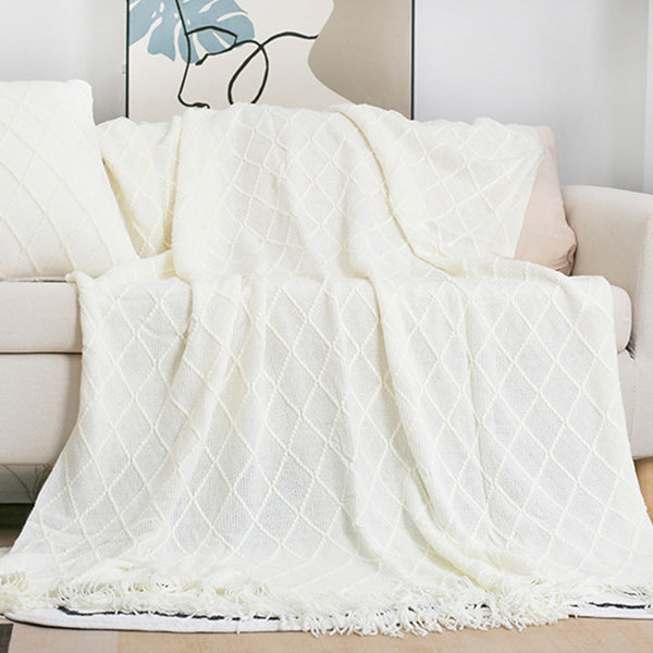 Diamond Knit Fringe Bed Throw Blanket