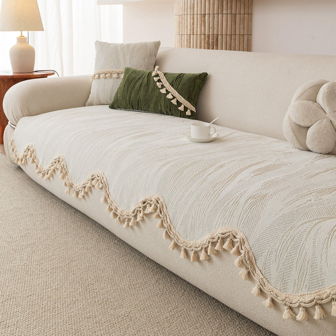 Elegant Stripe Pom-Pom Chenille Nonslip Sofa/Couch Cover