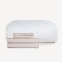 Back-to-School Snowy Calm Bedding Bundle Bamboo Sheet Set + White Aerogel Comforter