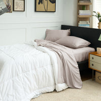 Back-to-School Snowy Calm Bedding Bundle Bamboo Sheet Set + White Aerogel Comforter