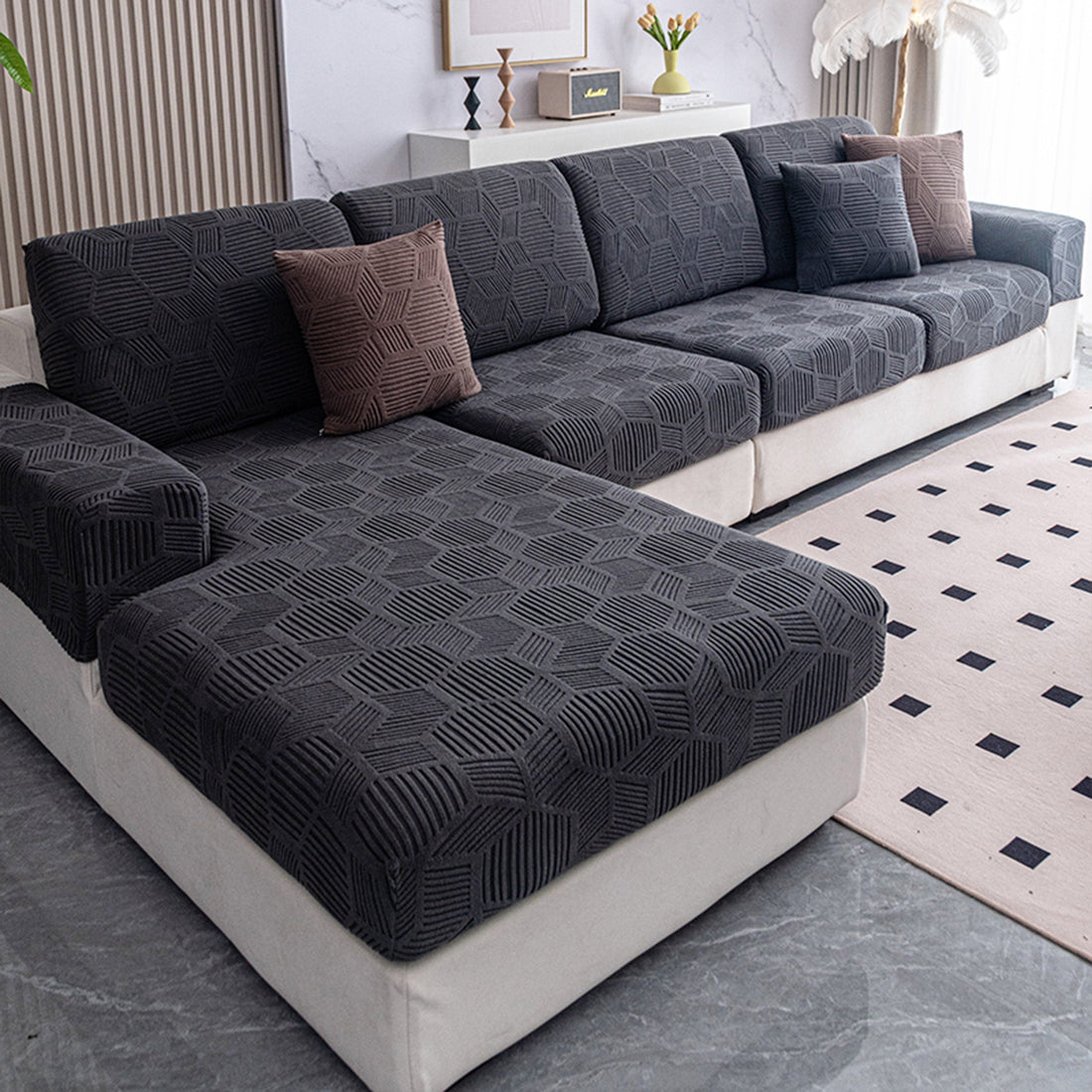 Spill-Resistant Honeycomb Jacquard Stretch Sofa Cover – Full-Cover Pet-Friendly Couch Protector