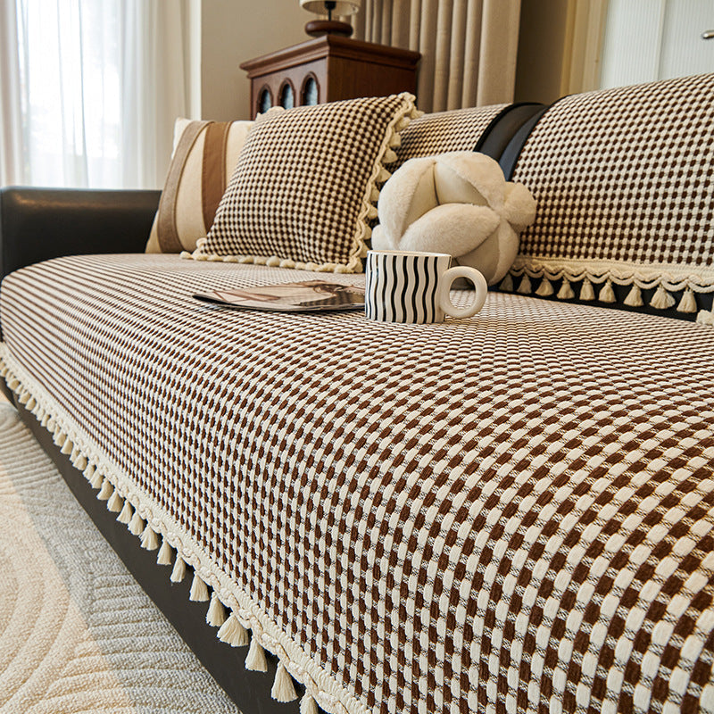 Cozy Gingham Tassel Chenille Nonslip Sofa/Couch Cover
