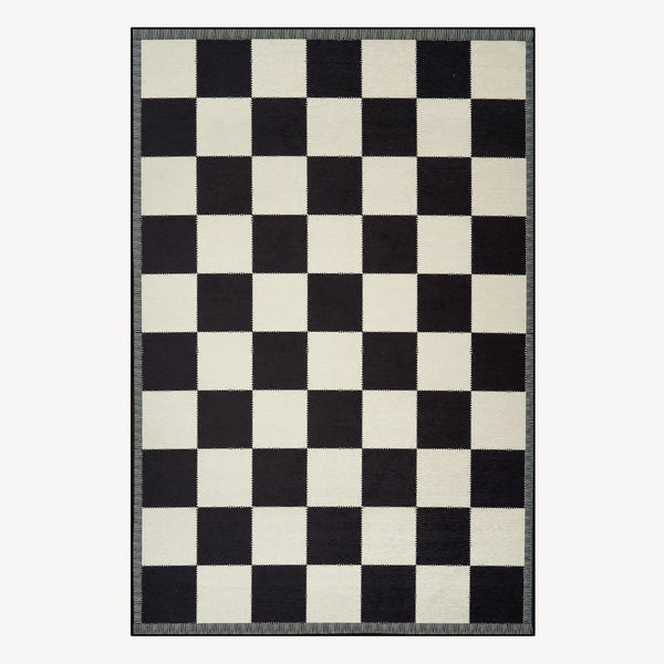 Easy Clean Washable Rug Timeless Noir Checkered Design Durable Spillproof Pet-Friendly Non-Slip Pad Living Room Area Rug