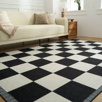 Easy Clean Washable Rug Timeless Noir Checkered Design Durable Spillproof Pet-Friendly Non-Slip Pad Living Room Area Rug