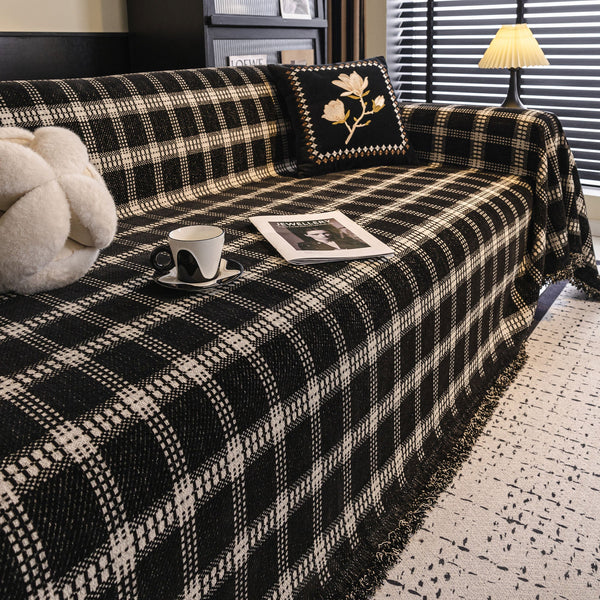 Urban Grid Pattern Plush Pet-Friendly Multi-Purpose Minimalist Vintage Sofa Cover – Durable Woven Throw Couch Protector in Earth Tones