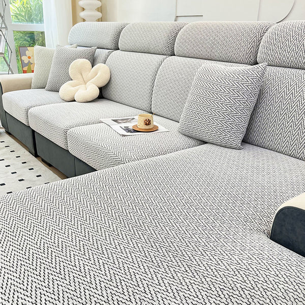 Elegant Chevron Jacquard All-Season Stretch Sofa Cover – Full Wrap, Anti-Slip & Anti-Scratch Protection
