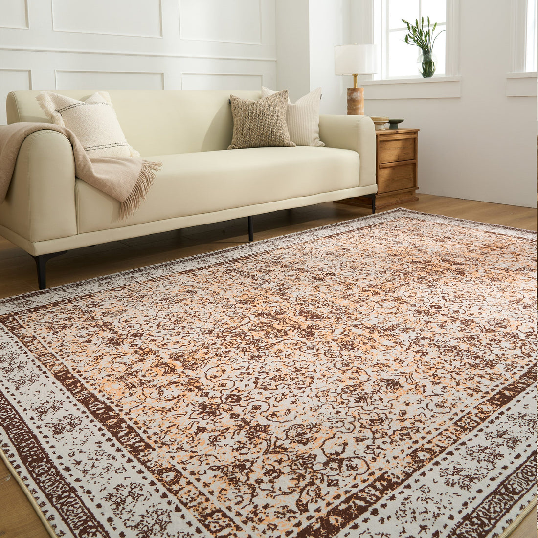 Easy Clean Washable Rug Rustic Latte Persian Minimalist Design Durable Spillproof Pet-Friendly Non-Slip Pad Living Room Area Rug