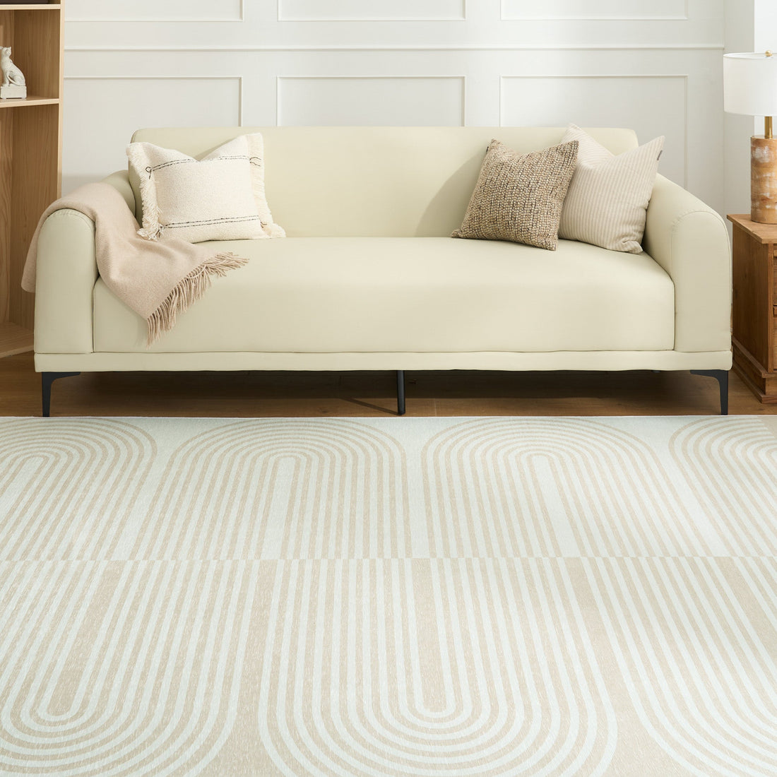 Easy Clean Washable Rug Soft Sand Elegance Arc Minimalist Design Durable Spillproof Pet-Friendly Non-Slip Pad Living Room Area Rug
