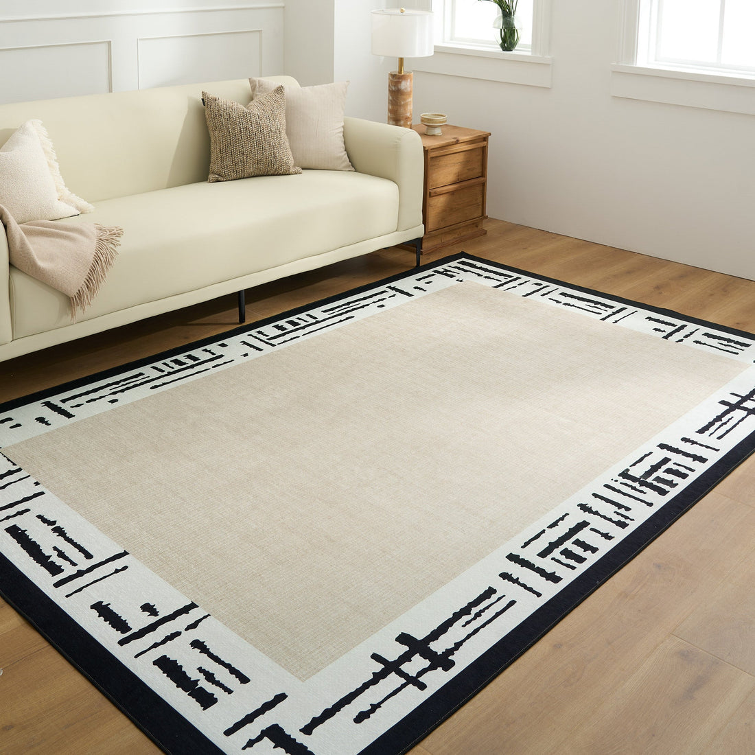 Easy Clean Washable Rug Modern Abstract Bordered Neutral Design Durable Spillproof Pet-Friendly Non-Slip Pad Living Room Area Rug