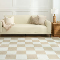 Easy Clean Washable Rug Timeless Beige Checkered Design Durable Spillproof Pet-Friendly Non-Slip Pad Living Room Area Rug