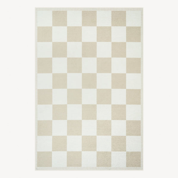 Easy Clean Washable Rug Timeless Beige Checkered Design Durable Spillproof Pet-Friendly Non-Slip Pad Living Room Area Rug