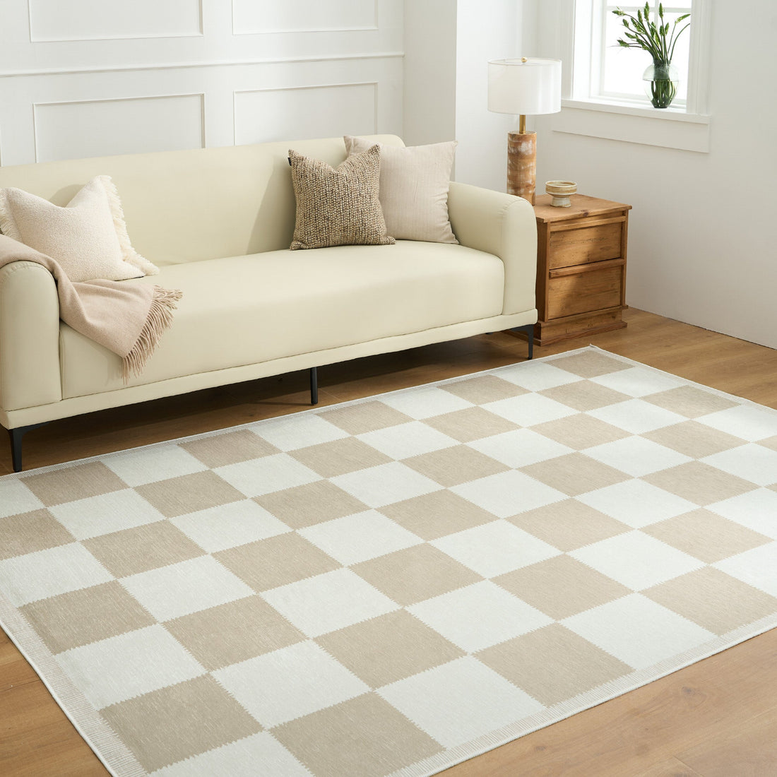 Easy Clean Washable Rug Timeless Beige Checkered Design Durable Spillproof Pet-Friendly Non-Slip Pad Living Room Area Rug