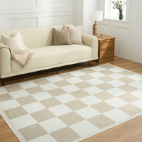 Easy Clean Washable Rug Timeless Beige Checkered Design Durable Spillproof Pet-Friendly Non-Slip Pad Living Room Area Rug