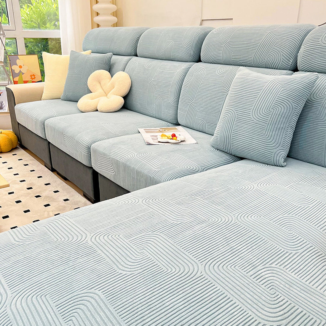 Elegant Linear Jacquard Stretch Sofa Cover – Full Wrap, Anti-Slip Protection