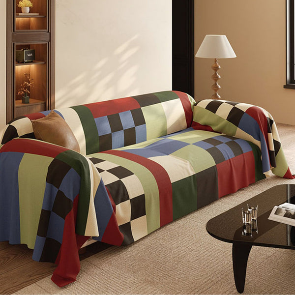 Retro Bold Block Pattern Breathable Sofa Cover Soft Easy-to-Clean Durable Machine Washable Couch Protection for a Home Upgrade