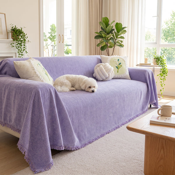 VelvetHush velvet chenille sofa cover with a small white dog