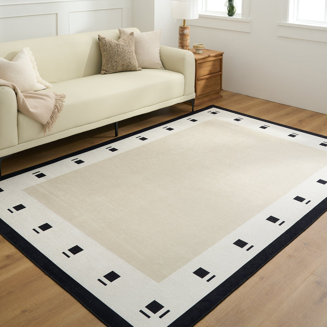 Easy Clean Washable Rug Modern Chic Geometric Glyph Border Design Durable Spillproof Pet-Friendly Non-Slip Pad Living Room Area Rug